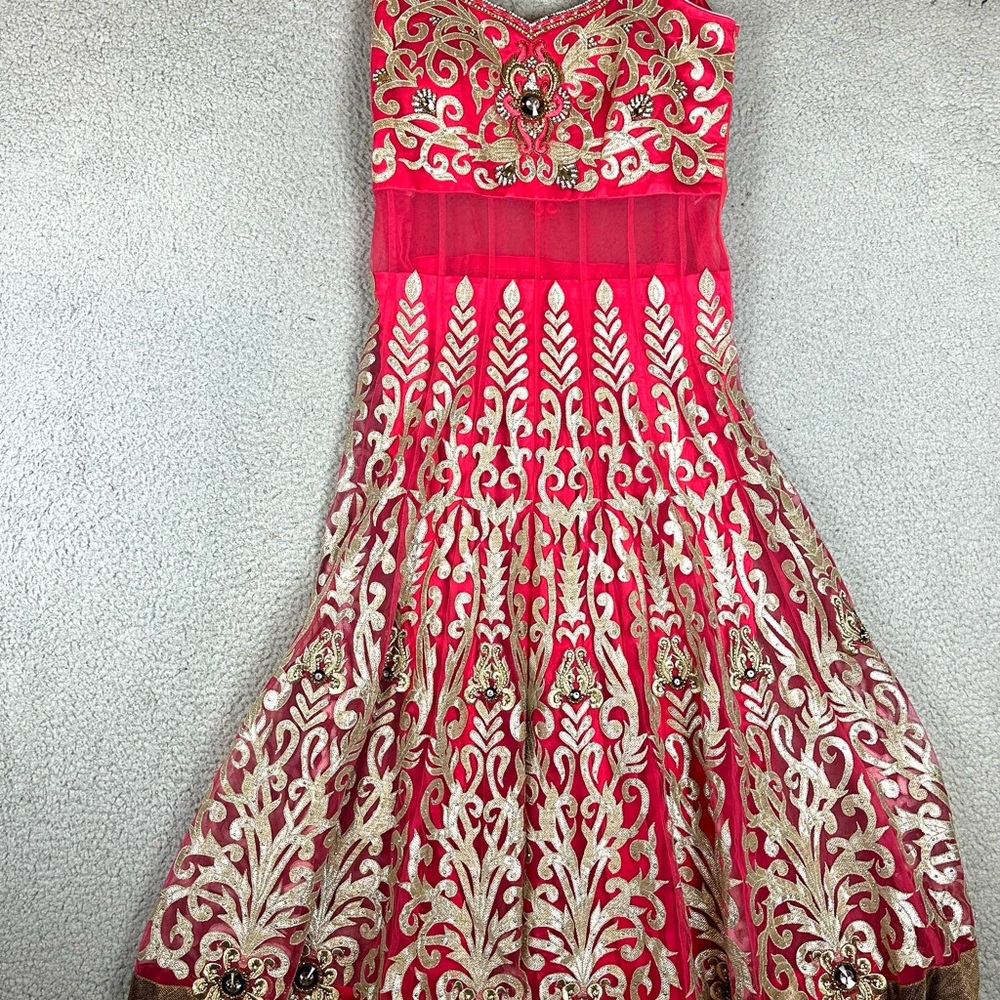 Red Pink Maxi Anarkali Dress With Embroidery Lace Diamond Work Size M